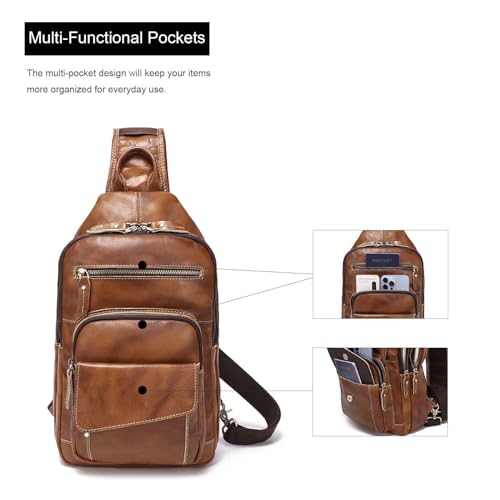 LANNSYNE Full Grain Leather Casual Sling Bag For Men Hiking/Travel/Business Crossbody Chest Bag Fits 12.9" iPad - color: Orangefor 12.9 Ipad