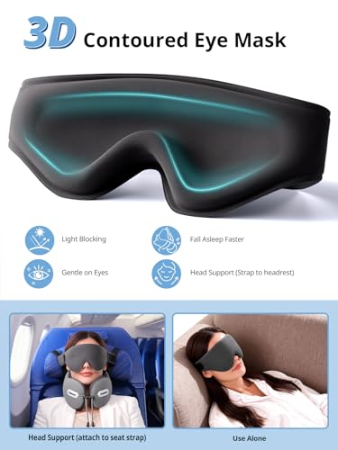 Inspireyes Neck Pillow, Travel Pillow with Seat Strap, 3D Sleep Mask, Dual Support Neck and Head, High Supportive Foam Airplane Pillow for Long Flight Road Trip, Stop Bobblehead Travel Essential, Grey - color: Grey