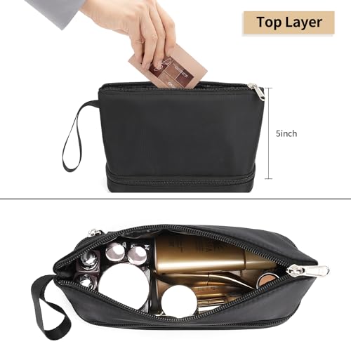 Ethereal Small Makeup Bag, 2 Layers Travel Makeup Bag with Makeup Brush Holder, Cosmetic Bag Black Make up Pouch for Women/Girls - color: 02-nylon black