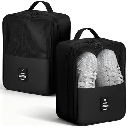 2 PCS Shoes Bags for Travel, Shoe Packing Cubes Holds 2 Pair of Slippers and 1 Pair of Sneakers Waterproof for Toiletries Visible Travel Luggage with Trolley Sleeve for Sport and Travel-Black