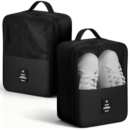 2 PCS Shoes Bags for Travel, Shoe Packing Cubes Holds 2 Pair of Slippers and 1 Pair of Sneakers Waterproof for Toiletries Visible Travel Luggage with Trolley Sleeve for Sport and Travel-Black