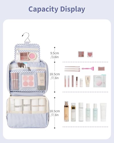Narwey Small Hanging Travel Toiletry Bag for Women, Travel Bag for Toiletries, Makeup Bag Organizer Cosmetic Bags Make Up Bags for Girls - color: ZB-Greyish Blue Stripe
