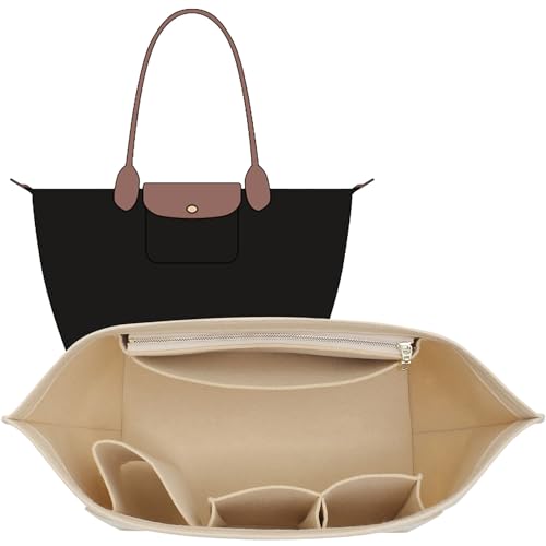 Felt Purse Organizer Insert for Longchamp Le Pliage L Tote Bag & M Handbag, Zipper Long Champ Bag Organizer Insert with Cup Holder, Women Bags Divider Shaper with 8 Compartments (Beige,L) - color: Beige, size: L Tote Bag (Long Handle)