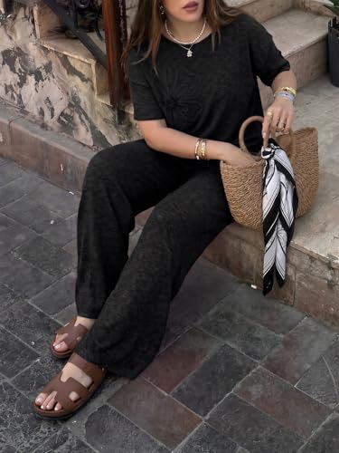 Tankaneo Women's 2 Piece Travel Outfits Casual Short Sleeve Knit Sweater Set Wide Leg Pants Lounge Sets Tracksuit - color: Black/Flower, size: Large