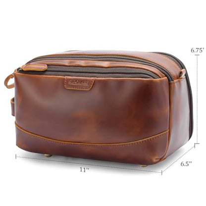 Polare Full Grain Leather Toiletry Bag for Men Large Travel Cosmetic Case Dopp Kit Shaving Kit Wash Pouch with YKK Zippers (Brown) - color: Brown