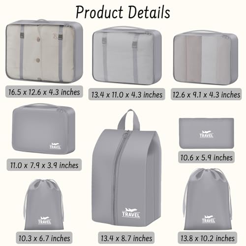 8 Set Packing Cubes for Travel Luggage Organizer Bags for Family, Mesh Packing Cubes for Suitcases, Travel Essentials Bags Set for Women & Men - color: Upgrade-Grey