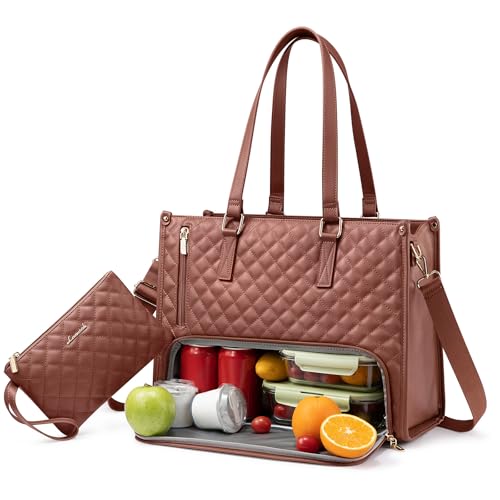 LOVEVOOK Lunch Tote Bag for Women, 15.6 Inch Laptop Bag with Insulated Lunch Compartment, Quilted Large Capacity Computer Handbag with Purse for Business, Work, Nurse, Collage, Office, Casual, Brown - color: Brown, size: 15.6 Inch