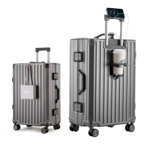 HotWay PC Hard Shell Checked Suitcase with Aluminum Frame, Luggage with Cup Holder and USB Port, Zipperless Luggage for Business Travel (Grey, Checked In 24Inch) - color: Grey, size: Checked in 24inch