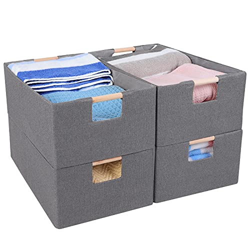 ANMINY 4PCS Large Closet Storage Baskets for Shelves, 15 x 10.6 Inch Collapsible Fabric Storage Bins with Wood Handles Cloth Shelves Organizer Bins Decorative Fabric Baskets - Medium, Gray - color: Gray, size: Medium (Pack of 4)