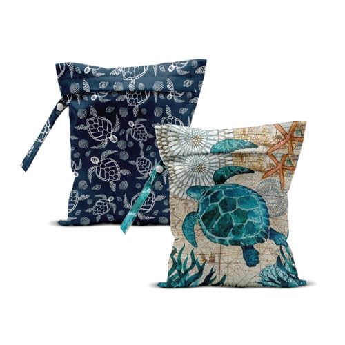 2Pcs Turtle Wet Bag 12x10 Inch, Starfish Waterproof Reusable Wet Dry Bags, Sea Weed Washable Travel Laundry Bags for Swimsuit Beach Diapers Dirty Yoga Gym Clothes, Sea Turtle Gifts for Women Friend - color: Multicolor 1338