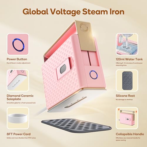 Newbealer 100-240V Travel Steam Iron, 2in1 Handheld Steamer, 120ml (Pink) | Compact for Global Trips & Vacations, Non-Stick Ceramic Soleplate, Heats in 20s, 360° Steaming Anti-Spill, Auto-Off, 1.5 lbs - color: Pink