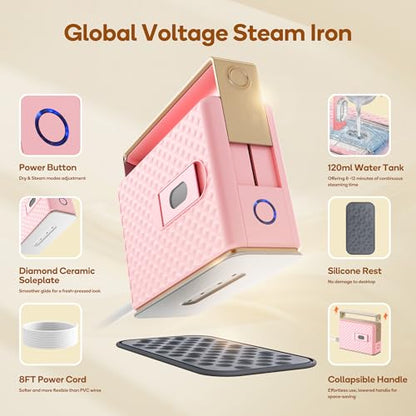 Newbealer 100-240V Travel Steam Iron, 2in1 Handheld Steamer, 120ml (Pink) | Compact for Global Trips & Vacations, Non-Stick Ceramic Soleplate, Heats in 20s, 360° Steaming Anti-Spill, Auto-Off, 1.5 lbs - color: Pink