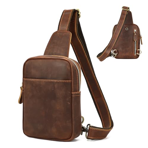 Genuine Leather Sling Bags for Men Crossbody Purse Vintage Small Messenger Shoulder Bag for Phone Side Chest Daypack Bag - color: 9254-brown