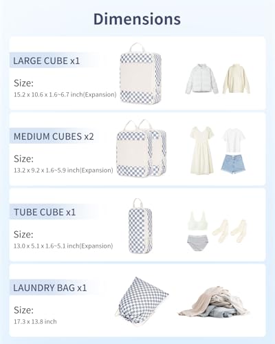 Narwey 6 Set Compression Packing Cubes for Travel Women Men, Travel Cubes for Carry On Suitcase, Durable Compression Luggage Organizer Bags - color: ZZ-Grayish Blue Checkerboard