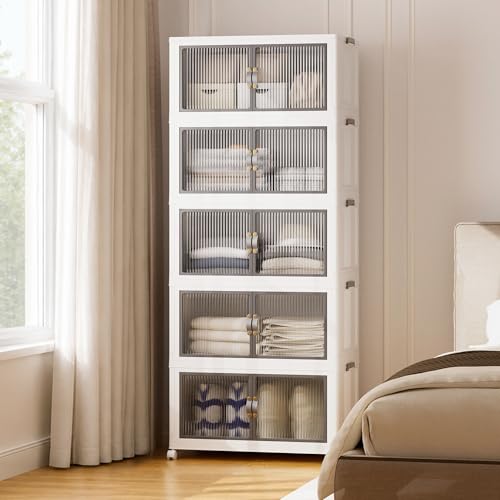 SAILUN 145Gal/580Qt Stackable Storage Bins Folding Collapsible Storage Bins with a Lid, Closet Organizers and Storage,White 26" W x 17" D x 71" H - color: White, size: 1 Lid 5 Pack-26" W x 17" D x 71" H