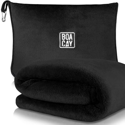 BOACAY Soft & Warm Travel Blanket for Airplane & Car - Long Flight Essential for Women, Men, Kids - Compact Pillow with Luggage Sleeve & Backpack Clip - color: Black