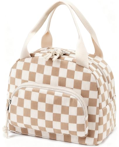 Lunch Bag Women Lunch Box for Women Adult Cute Insulated Lunch Bag Small Cooler Lunch Tote Bags for Work Picnic Travel (Beige-Brown Plaid) - color: Beige-Brown Plaid
