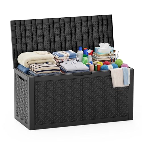 EasyUp 110 Gallon Deck Boxes Outdoor Waterproof, Resin Outside Storage Box for Patio Cushion Furniture Pool Accessories Garden Tools Indoor Outdoor Storage Bench (110 Gallon, Black) - color: Black, size: 110 Gallon