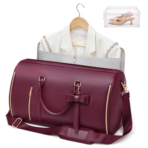 Garment Bags for Travel, Convertible Suit Travel Bag for Women, Cute Carry On Garment Bag w/Shoes Pouch, 2 in 1 Foldable PU Leather Hanging Duffle Bag, Single-Zipper Design, Sangria - color: Red