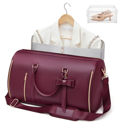 Garment Bags for Travel, Convertible Suit Travel Bag for Women, Cute Carry On Garment Bag w/Shoes Pouch, 2 in 1 Foldable PU Leather Hanging Duffle Bag, Single-Zipper Design, Sangria - color: Red