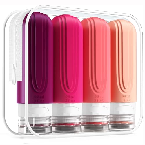 Mrsdry Travel Bottles for Toiletries, Tsa Approved 3oz Travel Size Containers BPA Free Leak Proof Refillable Liquid Silicone Squeezable Travel Accessories for Shampoo Conditioner Lotion (4 Pack) - color: Dark-Purp