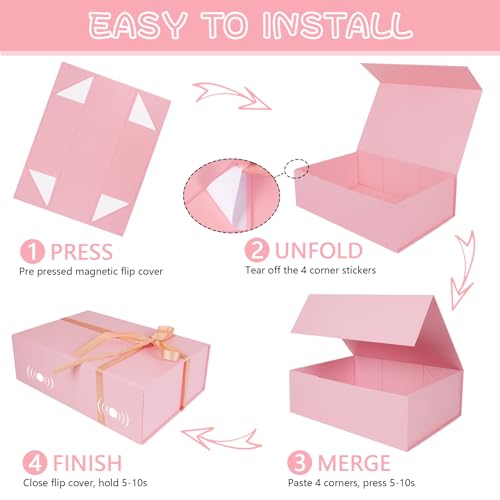 Large Pink Gift Box with Ribbon, 13.8" x 9" x 4.3" Groomsmen Proposal Box for Presents with Magnetic Closure Lids, Rectangle Collapsible Luxury Storage Box for Anniversary Wedding Birthday, 5 Pack - size: 1 Count (Pack of 5)
