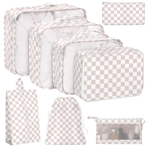 KPX 8 Set Packing Cubes for Travel, Luggage Packing Organizers Accessories Large Toiletries Bag for Clothes Shoes Cosmetics (8Set-Nude Pink Plaid) - color: 8Set-Nude Pink Plaid