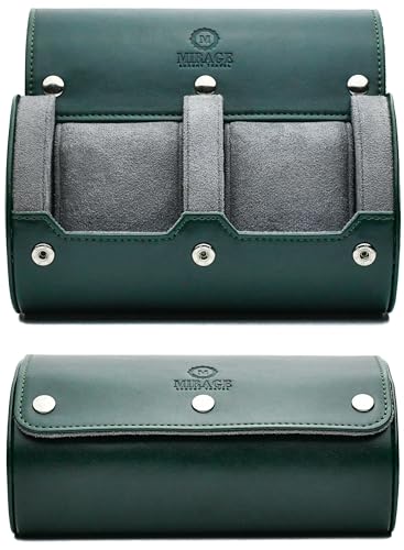 2 Watch Travel Case for Men- Watch Roll Holder and Display - Royal Green Swiss Motif Vegan Leather - color: Green - Royal