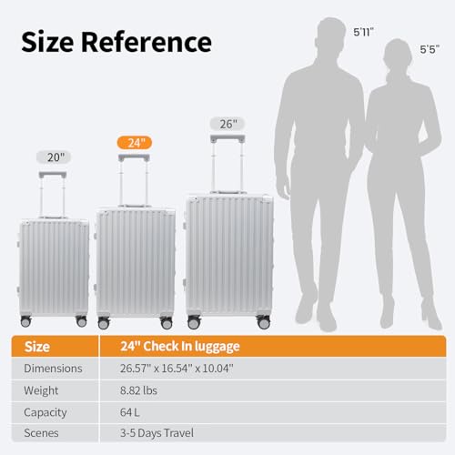 VentureVault 24 Inch Luggage With Spinner Wheels, Aluminum Frame Zipperless Suitcase, PC Lightweight Hard Shell with TSA Lock, Checked Medium Suitcase 24-Inch (Silver) - color: Silvery, size: 24inch