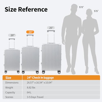 VentureVault 24 Inch Luggage With Spinner Wheels, Aluminum Frame Zipperless Suitcase, PC Lightweight Hard Shell with TSA Lock, Checked Medium Suitcase 24-Inch (Silver) - color: Silvery, size: 24inch