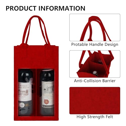 Felt 2-Compartment Wine Bottle Carrier Bag with Handle, Reusable Travel Wine Carry Bag (Red)