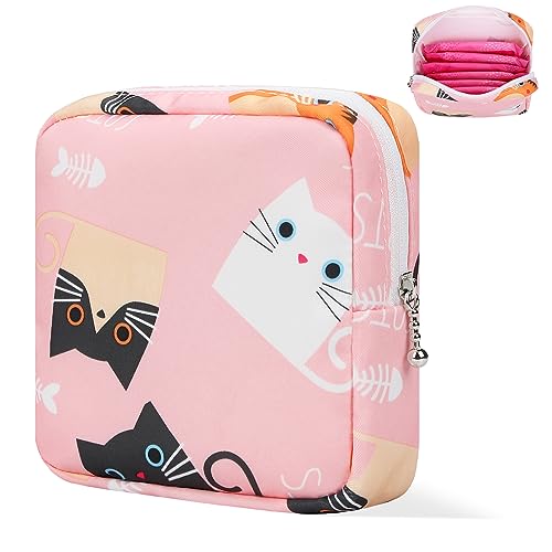 Likesing Period Bag Pouch, Canvas Sanitary Napkin Storage Bag for Girls Womens, Portable Sanitary Napkin Period Pad Pouch for Purse, Small Make Up Bags(5170, Pink) - color: Pink Cat,1 Pack