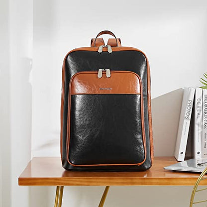BOSTANTEN Leather Laptop Backpack for Women 15.6 inch Computer Bag Travel Work Daypack - color: 1-black＆brown