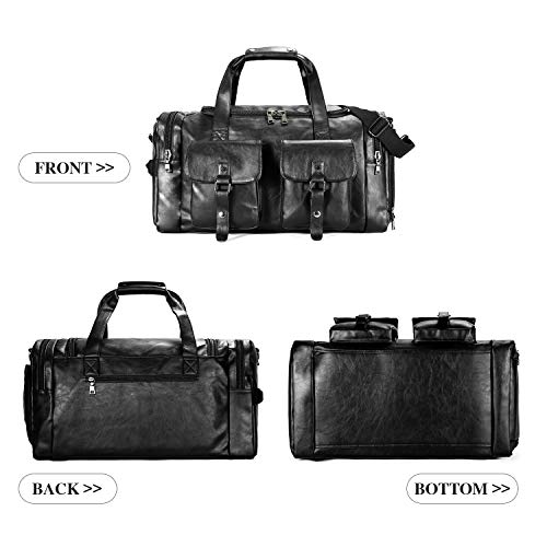 Zeroway Travel Duffel Bag with Shoe Pouch, PU leather Carry on Bag Weekender Overnight Bag for Men Women Black - color: Black
