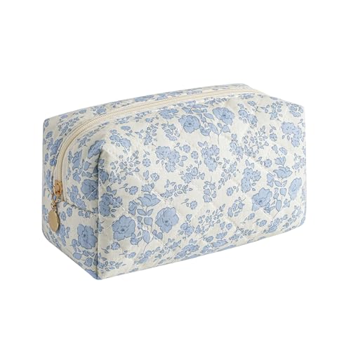 Gleyemor Small Quilted Makeup Bag for Women, Cute Floral Bow Cosmetic Bag, Emergency Bag Travel Toiletry Cotton Pouch Gifts for Girls Her Mom Friend Sister Bridesmaid (Blue Floral) - color: 02-Blue Floral