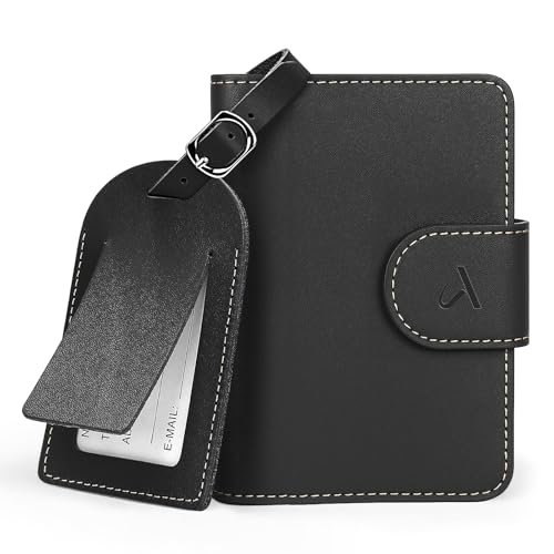 ALLIVE Passport Holder with Luggage Tag, Genuine Leather Passport Holder with AirTag Hidden Pocket, RFID Blocking Travel Wallet for Women & Men, Premium Gift Box, Ready to Gift – Gift Set (Black) - color: Black, style: Gift Box Set