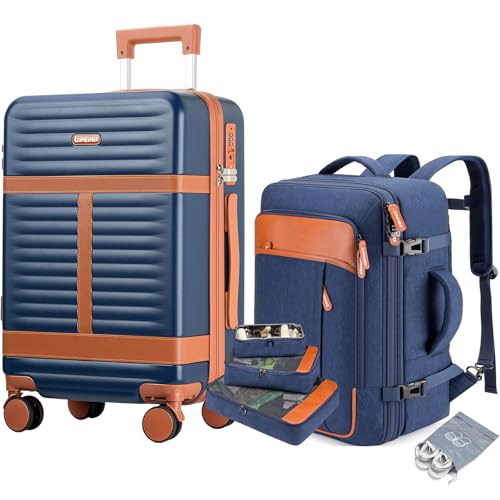 Lumesner 5 Piece Luggage Sets with Travel Backpack, 20" Carry On Hardside Spinner Suitcases, TSA Lock, Durable PC (Blue, 5 piece set (20inch)) - color: Blue(20inch-5piece Set)
