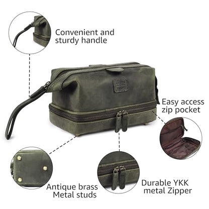 LEATHER VILLAGE Genuine Leather Dopp Kit – Large Travel Toiletry Bag with Waterproof Lining, Dual-Zip Design for Men & Women, Organizer for Shaving, Makeup & Essentials - Olive - color: Olive
