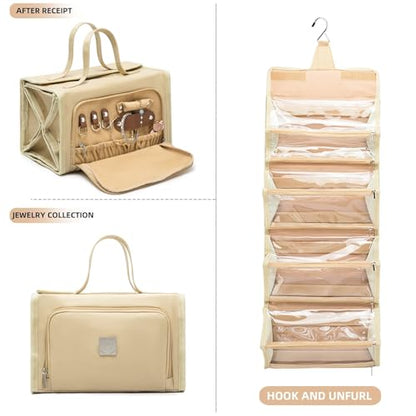 ROYALFAIR Roll Up Makeup Bag, Travel Toiletry Bag for Women with 4 Clear TSA Approved Pouches, Hanging Travel Organizer, Folding Cosmetic Bag for Men and Women (khaki) - color: khaki