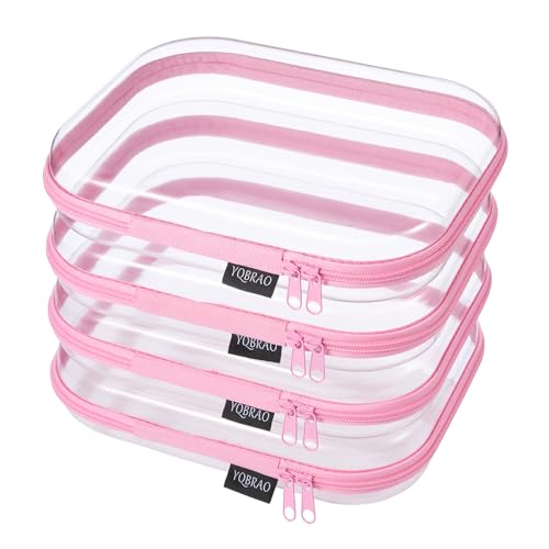 YQBRAO 4-Pack Clear Diaper Bag Organizer Pouches, 1.2mm Ultra-Thick PET Travel Pouches for Toiletries & Makeup, Rigid Self-Standing Bags with YKK Zippers, TSA Approved (Pink) - color: Pink, size: 4 Pack(M)