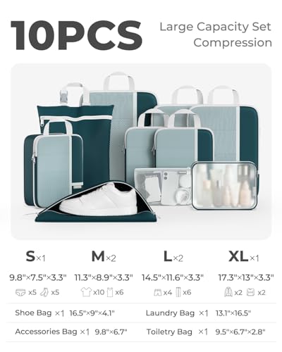 Percover Compression Packing Cubes for Travel, 10-Piece Structured Compression Organizer Set with Toiletry Bag, Laundry Bag & Shoe Bag for Carry-On & Checked Luggage, Peacock Green - color: Peacock Green, size: 10 Set