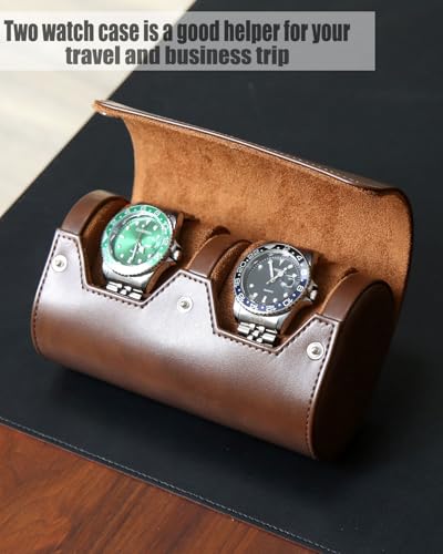 Watch Roll Travel Case for Men and Women with Suede Lining Portable 2 Slot Watch Display Storage and Organizer to Holder Large Watch (2 Slot Dark Brown) - color: 2 Slot Dark Brown