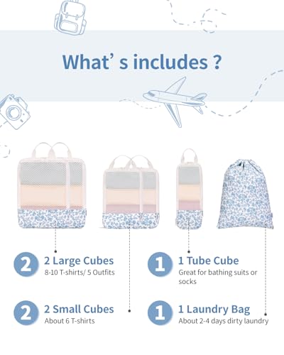 Narwey 6 Set Compression Packing Cubes for Travel Women Men, Travel Cubes for Carry On Suitcase, Durable Compression Luggage Organizer Bags - color: Y-Blue Flower