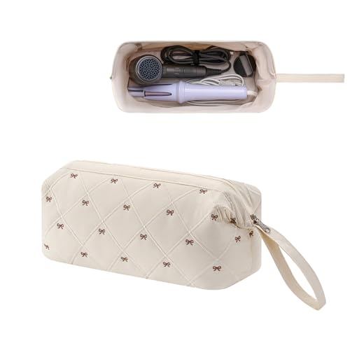 RSRSLEII Large Quilted Hair Tools Travel Bag with Bow Pattern,Waterproof Hair Styling Accessories Storage Case for Shark FlexStyle, Dyson Airwrap Hair Dryer, Curling Iron, Revlon Hair Tools(Beige) - color: 03Beige