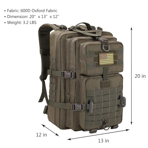Hannibal Tactical MOLLE Assault Backpack, Tactical Backpack Military Army Camping Rucksack, 3-Day Pack Trip w/USA Flag Patch, D-Rings, Olive - color: Olive