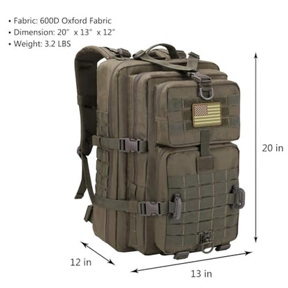 Hannibal Tactical MOLLE Assault Backpack, Tactical Backpack Military Army Camping Rucksack, 3-Day Pack Trip w/USA Flag Patch, D-Rings, Olive - color: Olive