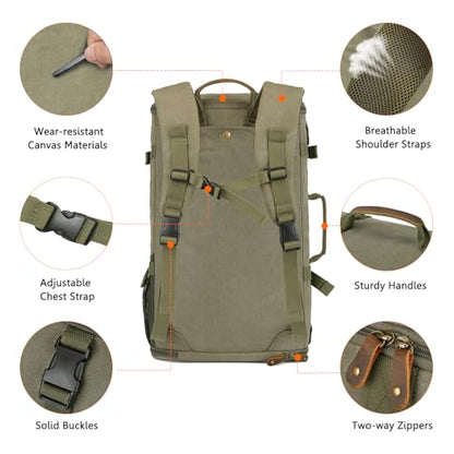 G-FAVOR Travel Backpack for Men, 40L Flight Approved Carry On Backpack, Water Resistant Canvas Rucksack with 17.3" Laptop Sleeve, Convertible Duffel Bag for Airplane, Business & Travel - color: Green
