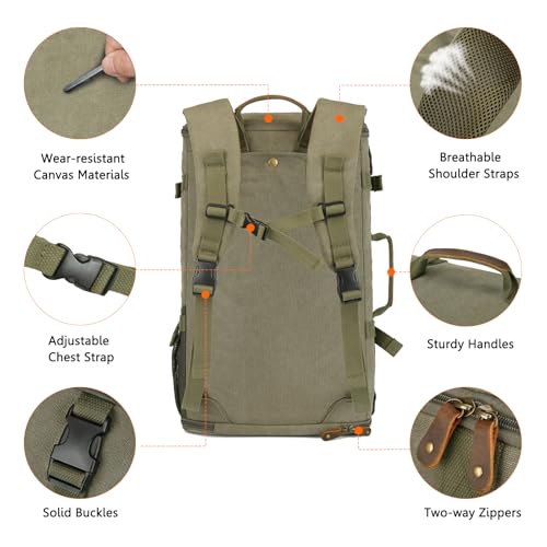 G-FAVOR Travel Backpack for Men, 40L Flight Approved Carry On Backpack, Water Resistant Canvas Rucksack with 17.3" Laptop Sleeve, Convertible Duffel Bag for Airplane, Business & Travel - color: Green