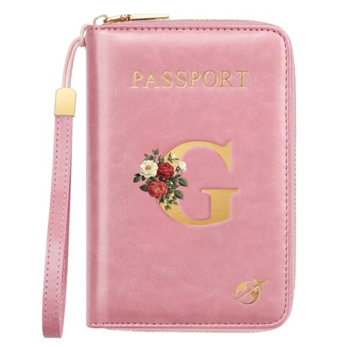 Passport Holder for Travel Personalized Passport Holder Initial Letter Rose Flower RFID Blocking Travel Wallets Credit Cards Holder for Women Men, Pink G - color: Pink, size: G