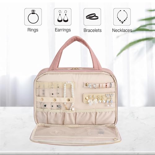 Hanke Hanging Travel Toiletry Bag for Women with Jewelry Organizer Compartment, Travel Essentials Toiletries and Makeup Bag, Water-Resistant & Stain-Resistant with Trolley Strap (Pink) - color: Pink